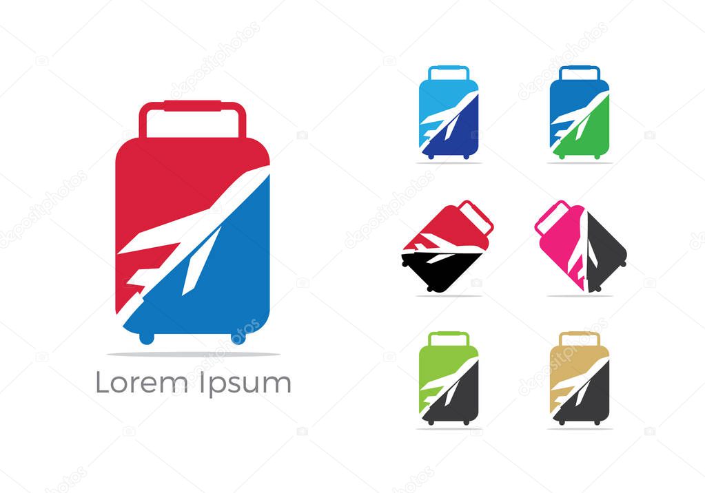 Travel logo design, Holiday bag and airplane icon, business trip, tourism, plane vector illustration.