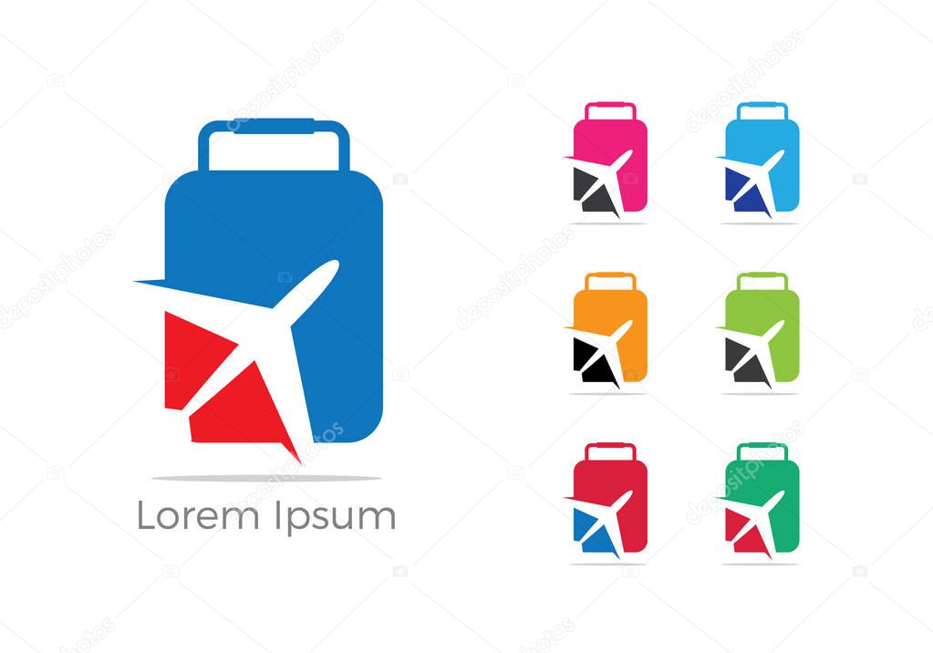 Travel logo design, Holiday bag and airplane icon, business trip, tourism, plane vector illustration.