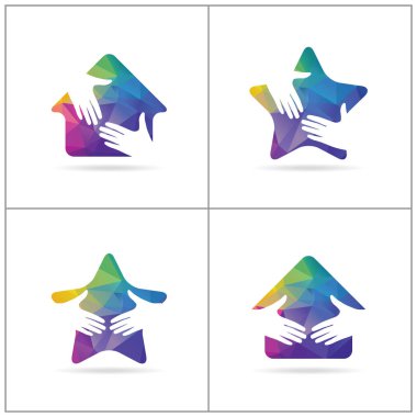 El sıkışma ev vektör logo tasarımı, barış sevgi ve dostluk illüstrasyon, gayrimenkul anlaşması işareti.