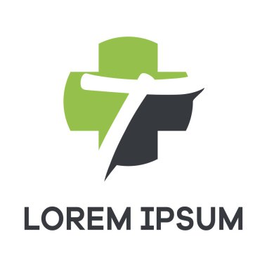 T harfi logo tasarımı. T harfi artı tıbbi şekil vektör illüstrasyonu.