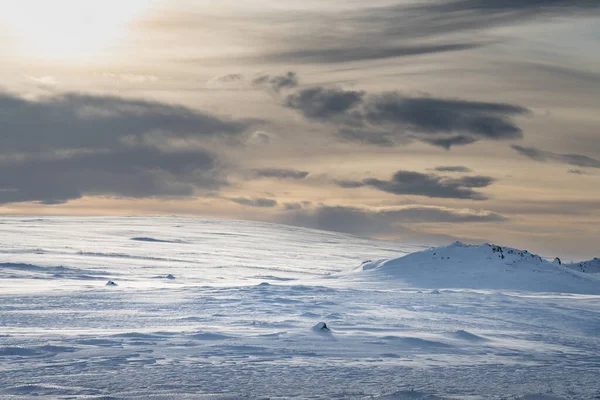 Contra Jour Neve Coberto Deserto Nordeste Islândia Inverno Noite Adiantada — Fotografia de Stock