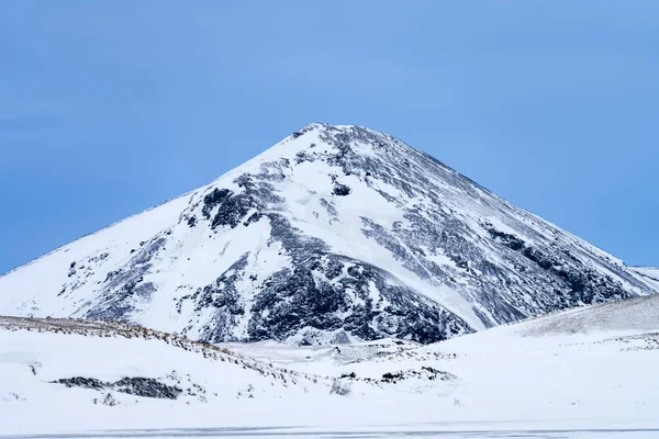 Μοναδική Δραματική Συμμετρική Ηφαιστειακή Χιόνι Κάλυψε Κώνο Κοντά Στη Λίμνη Royalty Free Εικόνες Αρχείου