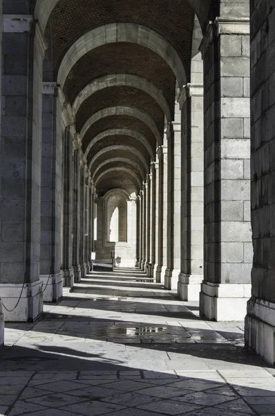 Galeria Arcaded Palácio Real Madrid Espanha Galeria Interior Arcadas Luzes — Fotografia de Stock