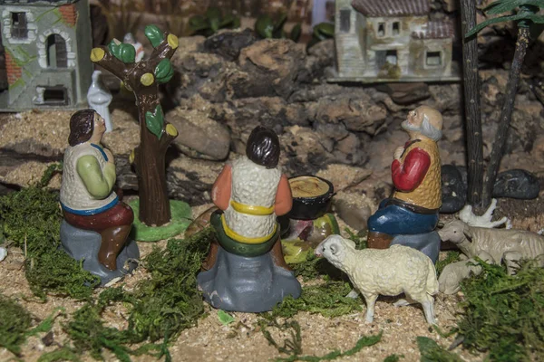 Three Ceramic Shepherds Spanish Nativity Scene — Stock Photo, Image