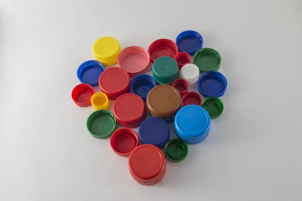 Heart Made Colorful Plastic Caps Isolated White Background — Stock Photo, Image