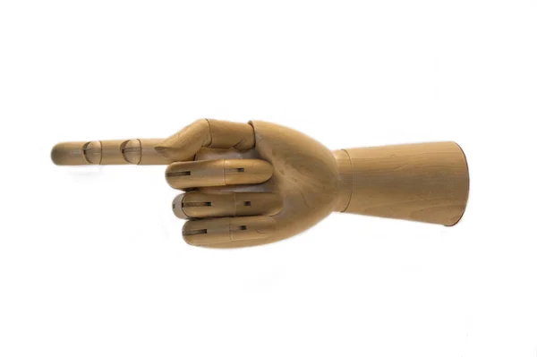 Geleed Houten Hand Met Wijsvinger Wijst Links Geïsoleerd Witte Achtergrond — Stockfoto
