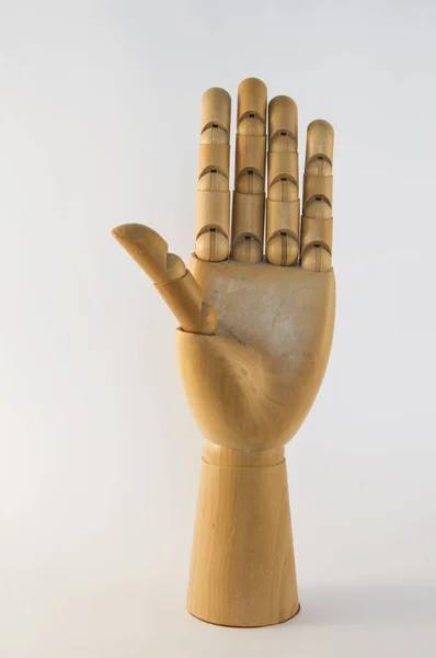 Articulado Mão Esquerda Madeira Isolada Fundo Branco — Fotografia de Stock