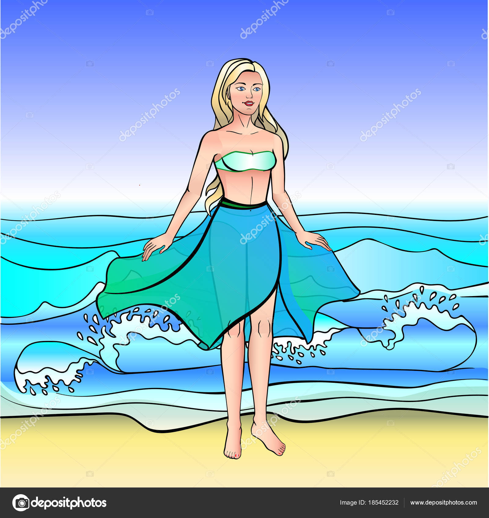 Fille Maillot Bain Sur Plage Mer Dessin Avec Dégradé