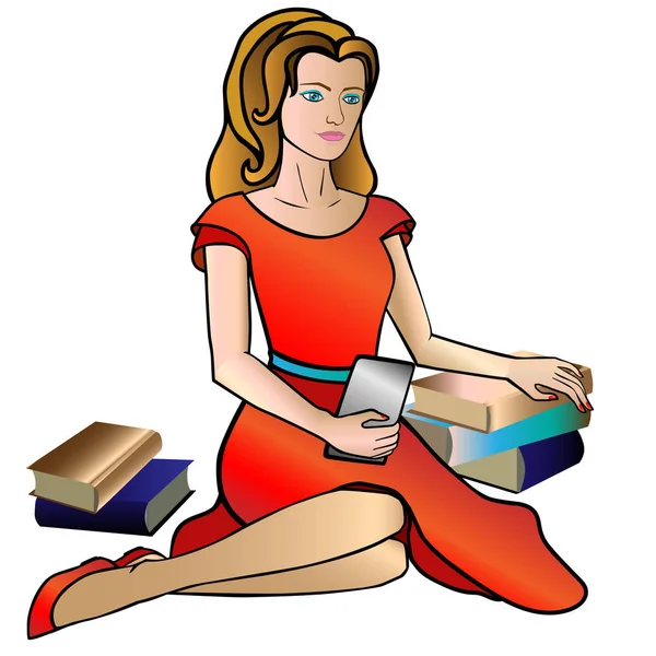 Girl Reading Book Electronic Book Sitting Floor Vector Illustration — Stock Vector