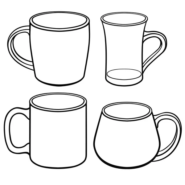 Cups Mugs Tea Different Shapes Set Templates Line Drawing Coloring — Stock Vector