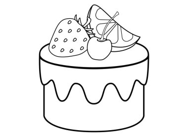 Çilekli, kirazlı ve limonlu kek. Kremalı meyveli pasta. Kremalı, limonlu, kirazlı ve çilekli kek. Boyama için stok vektör çizimi. Özet