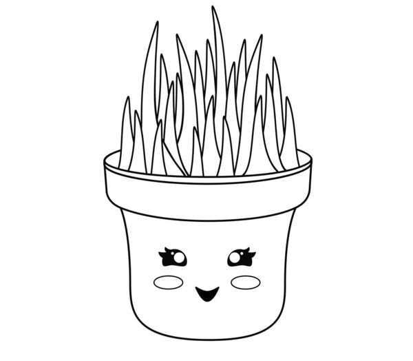 かわいい顔と草の髪をしたかわいい花の鍋 かわいい顔の鍋に草 着色のためのベクトルテンプレート 手描き — ストックベクタ