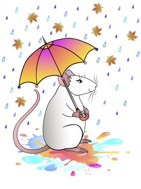 Parlak şemsiyeli şirin, beyaz, dekoratif bir fare güz birikintilerinden neşeyle atlıyor. Bir kawaii faresi yağmurdan ve düşen sonbahar yapraklarından dolayı turuncu-pembe bir şemsiyenin altında saklanıyor. Pozitif karakter - fare - vektör illüstrasyonu.