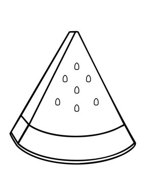 Üçgen, hacimli, sulu, tatlı bir karpuz dilimi. Çekirdekli ve kabuklu dilimlenmiş karpuz, izometri. Perspektifte üçgen karpuz dilimi - boyama için vektör doğrusal resim. Sağlıklı yiyecekler. Özet geç. El çizimi