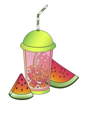 Karpuz suyu. Yaz, ferahlatıcı, karbonatlı, kapaklı ve pipetli bir bardaktaki karpuzdan oksijen içeceği. Yanında bir bardak, yanında da karpuz dilimleri. Karpuz dilimleriyle iç - vektör.