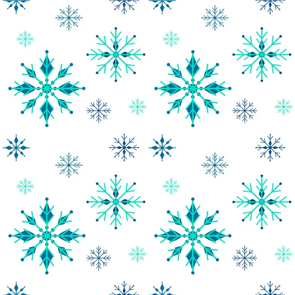 洁白的背景上闪烁着精致而优雅的雪花图案 不同形状和尺寸 不同深浅的蓝冬季无缝矢量背景的雪花 — 图库矢量图片