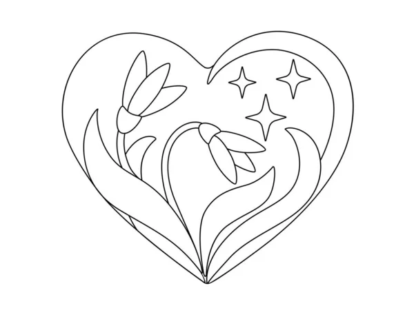Coração Com Flores Gotas Neve Asteriscos Cartão Valentim Primavera Modelo — Vetor de Stock