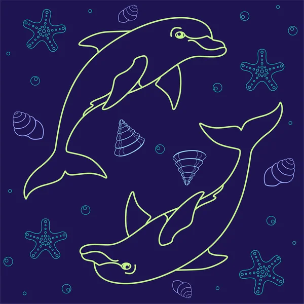 Delfiny Płynny Wzór Delfinami Muszlami Rozgwiazdy Klasycznym Niebieskim Tle Wektor — Wektor stockowy