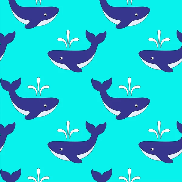 Wieloryby Fontannami Zwierzęta Morskie Płynny Wzór Uroczymi Niebieskimi Wielorybami Jasnoniebieskim — Wektor stockowy