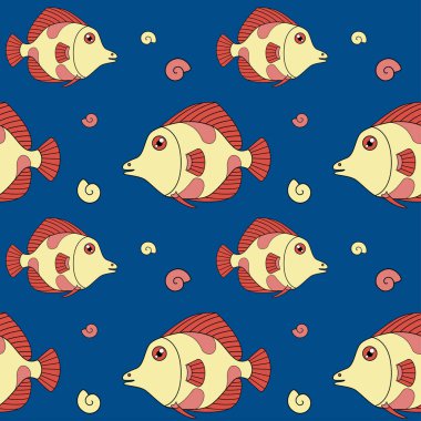  Balık ve deniz kabuğu. Klasik mavi arka planda tropikal deniz balığı ve mercan ve sarı renkli istiridye desenleri. Okyanus balığı ve yumuşakça kabuklu vektör arkaplan.