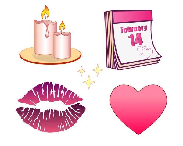 Set Valentine Day Romantic Candles Calendar Date February Heart Imprint — Stock vektor