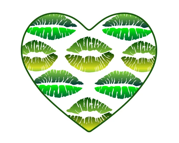 一颗充满亲吻痕迹的心 心与唇绿色阴影矢量模板情人节 有绿色之吻的心是生态的主题 — 图库矢量图片