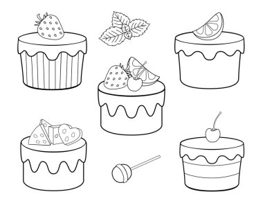 A set of sweets for coloring. Vector cupcakes, fruit cakes and sweets. Cakes with cream and icing, lemon, strawberries cherries and mint. Sweet festive pastry dessert - vector set for coloring.