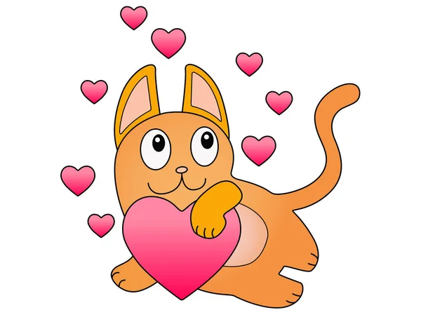 Loving Dreamy Ginger Cat Hearts Funny Red Kitten Hugs Big — Stock vektor