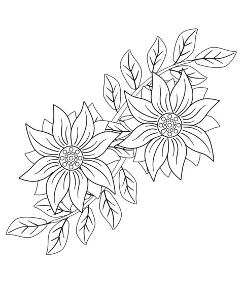 Duas Grandes Flores Com Pequenas Folhas Desenho Linear Vetor Coloração — Vetor de Stock