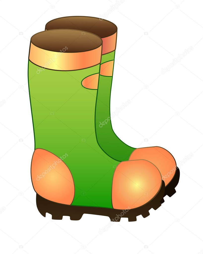 Rubber garden waterproof boots. Rubber boots for walking in the rain of green and orange on a thick non-slip sole - vector bright full-color picture. Shoes for gardening or fishing.