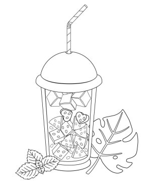 Soğuk yaz içeceği olan cam. Renkler için vektör doğrusal resim. Özet geç. Buzlu meyve suyu ve kapaklı bir bardakta karpuz dilimleri ve pipet. Nane ve tropik yapraklarla süslenmiş içecek..