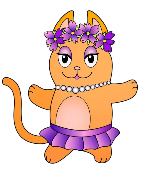 Webcute Red Dancing Cat Wreath Purple Flowers Ballet Tutu Kitty — Stock Vector