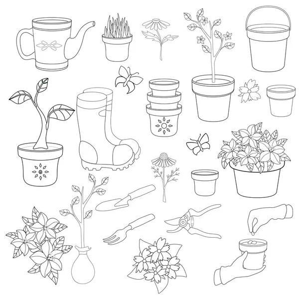 Tuinieren Lente Tuinieren Grote Vector Set Met Planten Tuingereedschap Apparatuur — Stockvector