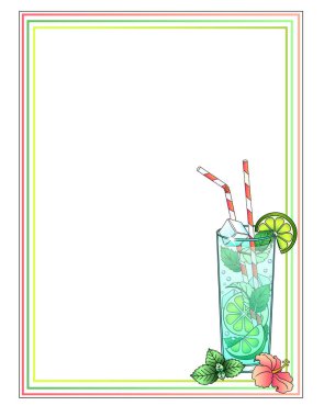 Neşeli, yaz, çok renkli çerçeve bardakla süslenmiş. Cam bardak ve çiçekte mojito ile dikey vektör çerçevesi. İçeriğiniz için kopyalama alanı olan çerçeve.