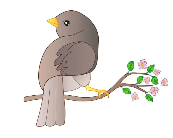 Маленькая Птичка Сидит Цветущей Весенней Ветке Векторное Полноцветное Изображение Пришла — стоковый вектор