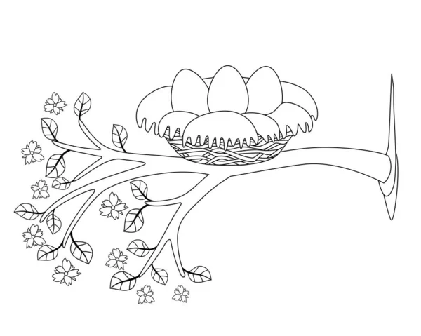 Nest Mit Drei Eiern Auf Einem Blühenden Baum Lineares Vektorfrühlingsbild — Stockvektor