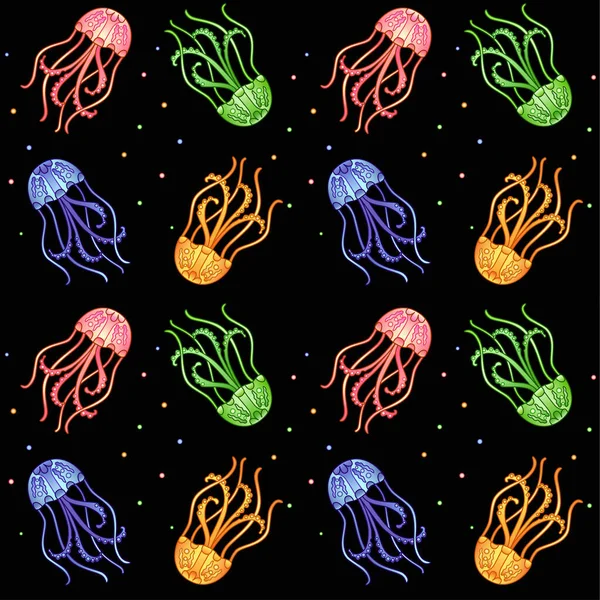 Медузы Бесшовный Векторный Рисунок Красочными Медузами Черном Фоне Бесшовный Морской — стоковый вектор