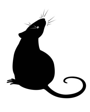 Oturan fare - piktogram veya logo için vektör silueti. Bir fare ya da farenin silueti bir işaret ya da ikon için havayı kokluyor. Uzun bıyıklı küçük kemirgen oturuyor - siyah siluet.