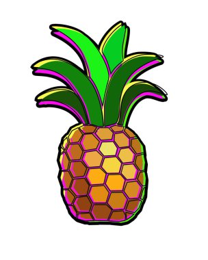 Ananas - parlak renkli tropikal meyve - vektör tam renk resim. Yazlık baskılar için şık, parlak bir feshin ananası. Tatlı, tatlı, soğuk ananas..