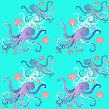 Ahtapotlar ve kabuklar, kusursuz deniz vektör deseni. Ahtapot desenli kusursuz desen, deniz dalgası arka planında incili kabuklar ve deniz tarakları - tekstil ya da kağıt için yaz tasarımı.