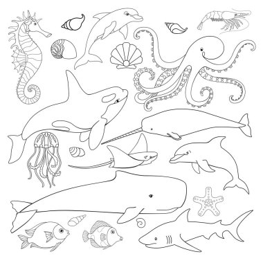 Renklendirme için doğrusal deniz vektör hayvanları kümesi. Su altı dünyasının sakinleri - sperm balinası, katil balina, balık, vatoz, köpekbalığı, yunuslar, deniz atı ve ahtapot ve diğerleri - boyama kitabı için hazırlandılar.