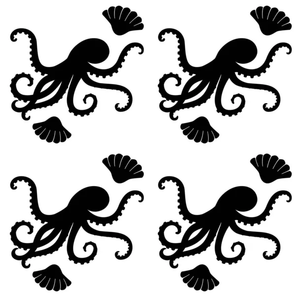 海洋矢量无缝黑白图案与章鱼和壳 章鱼和壳 海洋无缝图案 — 图库矢量图片