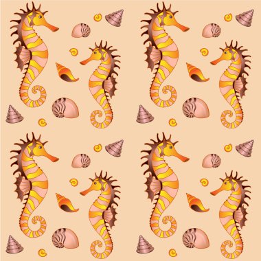 Deniz atları ve kabuklu deniz hayvanları. Kumda deniz atları ve deniz kabukları olan kusursuz deniz vektörü deseni - altın renkleri. Ilık renklerde deniz hayvanlarıyla kusursuz bir arka plan..