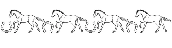 Galloping Horses Horseshoes Linear Vector Seamless Border Coloring Seamless Divider — Stock Vector