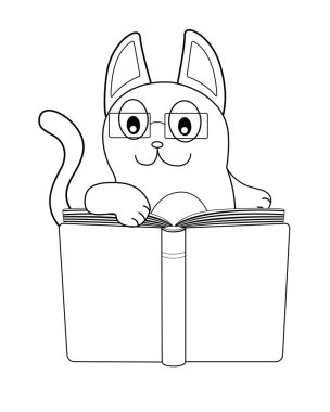 Gözlüklü sevimli, komik kedi boyama için vektör doğrusal resim okuyor. Gözlüklü kedi okuyordu. Özet geç. Kedi dikkatlice çalışıyor - boyama kitabı için bir resim..