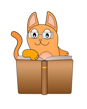 Gözlüklü sevimli, komik kızıl kedi kapağında fotokopi alanı olan bir kitap okuyor. Renk resminin tamamını yönlendir. Mesajın ya da resmin için gözlük takmış kedi okuyorsun. Kedi dikkatli çalışıyor..