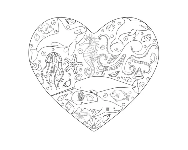 Ілюстрація Вигляді Серця Морськими Мешканцями Всередині Векторна Лінійна Картина Розфарбування — стоковий вектор