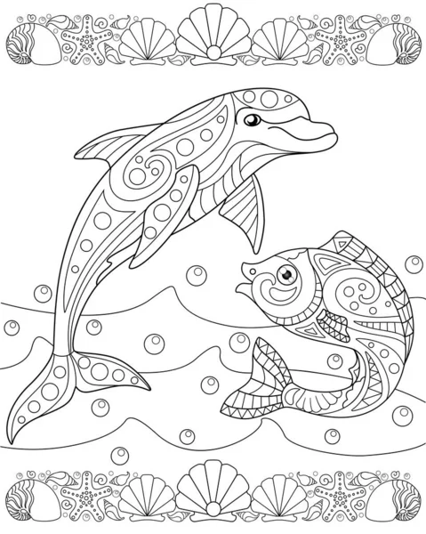 Página Para Libro Mar Libros Para Colorear Con Delfines Peces — Vector de stock