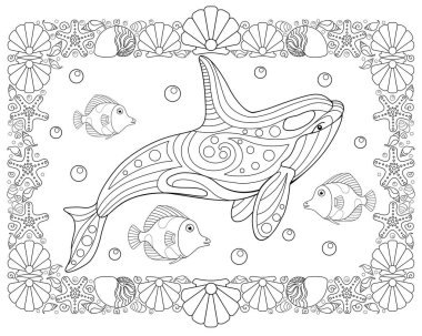 Okyanus sakinleri yatay vektör boyama antistresi kabuk ve deniz yıldızı çerçeveli. Boyama kitabı için katil balina ve küçük balık. Boyama için yatay sayfa. Özet.