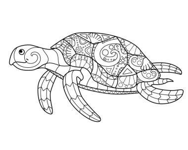 Deniz kaplumbağası - stres önleyici boyama sayfası. Yüzen deniz kaplumbağası - boyama için vektör çizgisi. Okyanusla ilgili boyama kitabı için bir element. Özet.